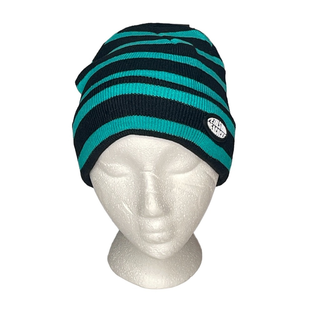 Petals and Peacocks Striped Beanie Hat Black Blue